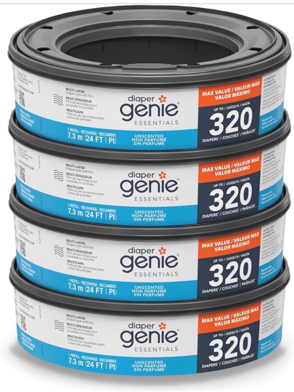 New Diaper Genie Essentials Round Refill Pack of 4 | Holds Up to 1280 NB Diapers